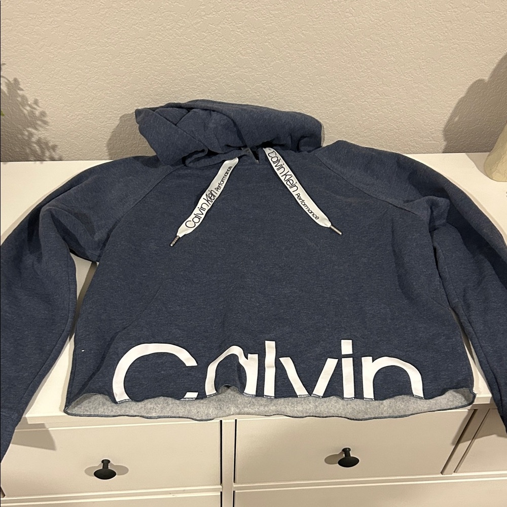 Calvin Klein Cropped Navy Hoodie with White Accents